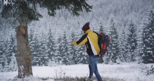 Ευτυχισμένος τουριστικός ταξιδεύοντας μόνος το χειμώνα έφτασε σε εκπληκτικό μέρος κάτω από το χιονισμένο δέντρο έβαλε την τσάντα του κάτω και να κάνει ένα διάλειμμα, φόντο καταπληκτικό χιονισμένο δάσος και μεγάλα δέντρα — Αρχείο Βίντεο
