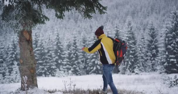 Glücklicher Tourist, der im Winter allein reiste, kam er an einem wunderbaren Ort unter dem schneebedeckten Baum an, wo er seine Tasche ablegte und eine Pause einlegte, im Hintergrund erstaunliche schneebedeckte Wälder und große Bäume — Stockvideo