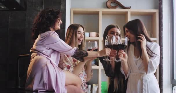 Gruppo di signore molto carismatico e sorridente grazioso applausi con bicchieri di vino sentirsi bene in pigiama si godono il tempo insieme in un moderno monolocale — Video Stock