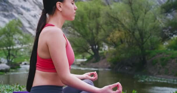Lady i en bekväm sportkläder öva yoga meditation i mitten av fantastiska landskap bredvid fantastisk utsikt över floden — Stockvideo