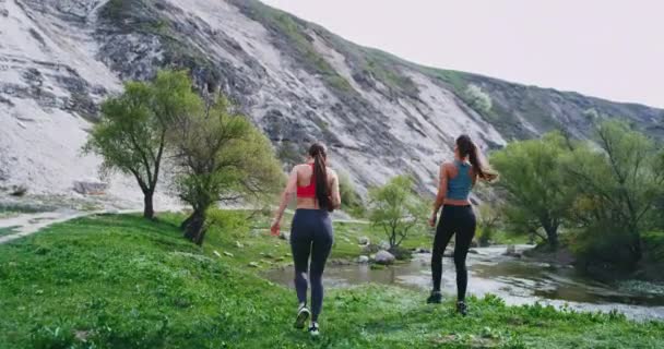 Duas mulheres com um corpo em forma têm um exercício na natureza juntos eles motivar uns aos outros, enquanto tomar um pouco de ar fresco se encaixam seu corpo, para uma pausa eles fazem um sentar-se na grama — Vídeo de Stock