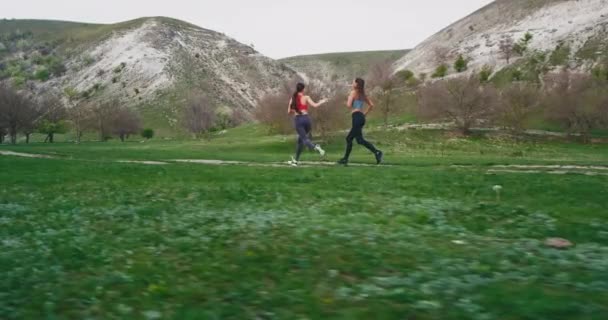 Entrenamiento en la naturaleza dos mujeres corriendo a través de un campo verde y paisaje de montaña en un día de verano perfecto, tomar el video de gran vista — Vídeo de stock