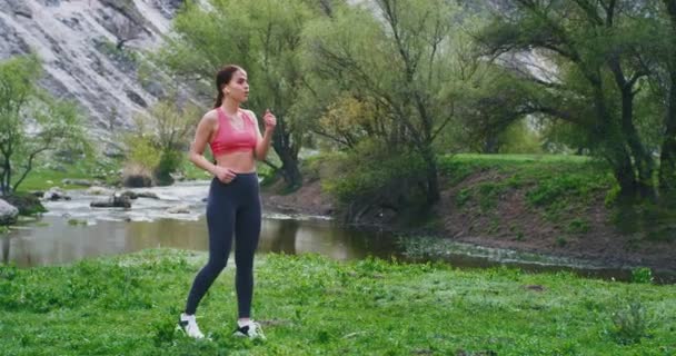 In het midden van een groen veld met mooie landschap aantrekkelijke vrouw met een fit lichaam doet haar workout oefeningen stretching alle lichaam om meer energie en spier te krijgen — Stockvideo