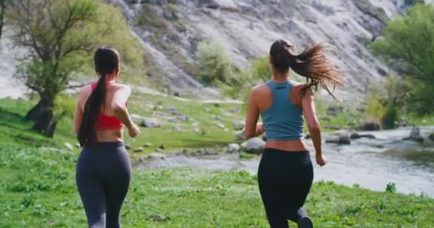 Бег дамы в середине удивительного ландшафта на природе с подходящим телом они делают тренировку вместе, имеют здоровый образ жизни — стоковое видео