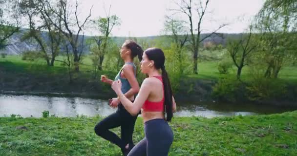 Duas senhoras equipadas para um treino segurando uma garrafa de água e telefone correndo pelo campo verde em um lugar incrível natureza com uma bela paisagem pararam por um momento e tomar um ar fresco — Vídeo de Stock