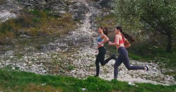 Hermosas dos damas tienen un día de entrenamiento duro corriendo en medio de un paisaje increíble carretera de montaña con ropa deportiva — Vídeo de stock