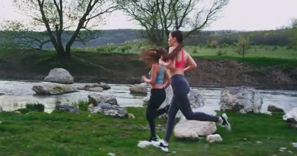 Jovens senhoras em um bom dia de verão depois de um treino de corrida difícil parou por alguns momentos para relaxar um pouco na manhã de vista incrível natureza — Vídeo de Stock