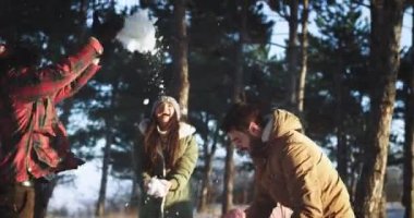 Çok ırklı bir grup arkadaş için kar topu zamanı onlar birlikte zaman zevk ormanın ortasında kar topu ile komik oynamak