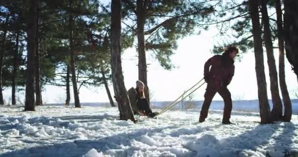 Carismático chico de pelo rizado y sus amigos atractiva dama tienen un paseo con el trineo en medio de la diversión bosque nevado que disfrutan del tiempo juntos — Vídeos de Stock