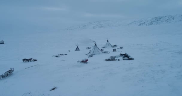 Tábor yurts uprostřed tundry na Sibiři, sobů a saně jsou vedle tábora úžasného pohledu na bzukot. na červený epos. 4 KB pomalé pohyby