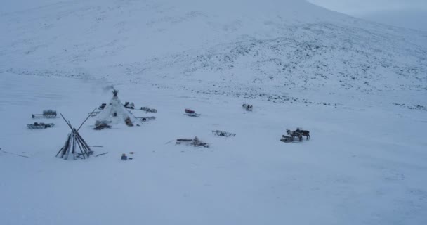 Drone cattura video di tundra in Siberia incredibile vista del campo di yurte, come le persone che vivono in mezzo al campo pieno di neve . — Video Stock