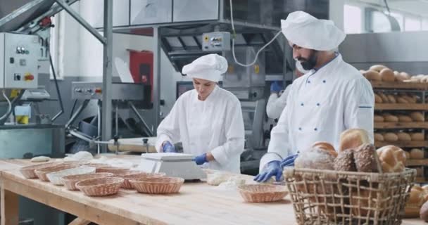 Βιομηχανία ψησίματος τρεις επαγγελματίες αρτοποιοί που εργάζονται συμπυκνωμένο με ζύμη που προετοιμάζονται για το ψήσιμο του ψωμιού, κομψό ενδυματολογικός κώδικας. Shot σε κόκκινο επικό — Αρχείο Βίντεο