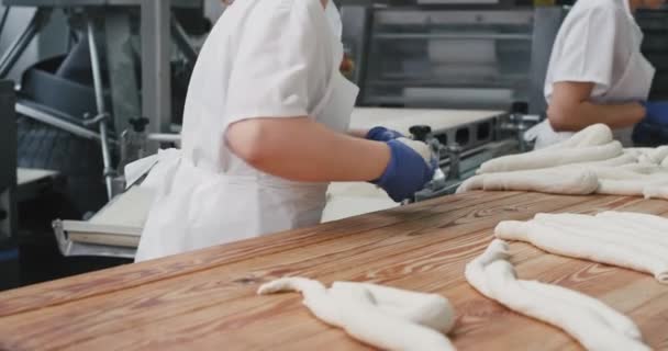 Заводские детали хлебопекарного процесса приготовления свежего теста, готовящегося к транспортировке в печь для приготовления органического хлеба — стоковое видео