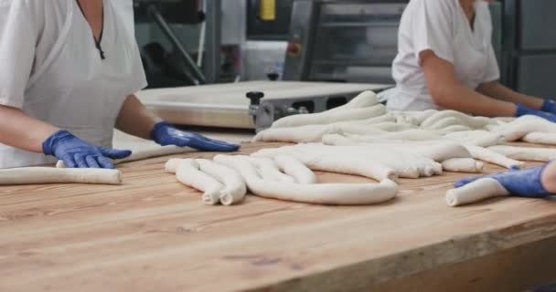 Η βιομηχανία τροφίμων σε μια διαδικασία αρτοποιίας ενός μέλλοντος ψωμιού που προετοιμάζει τη ζύμη και βάζει το φορτίο στα ράφια για να μεταφερθεί στον φούρνο να ψηθεί — Αρχείο Βίντεο