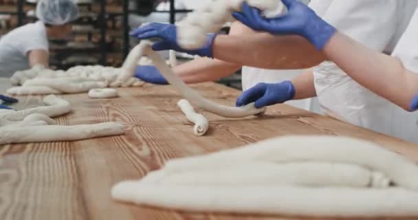 Робочий процес хліба в пекарні, пекарі свіжого тіста завантажують майбутній хліб на полиці для транспортування всієї пекарні в духовку, фон свіжий приготовлений хліб, що стоїть на полицях — стокове відео