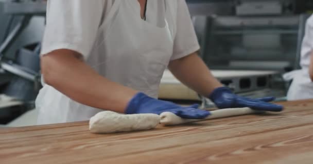 Εργαζόμενοι επαγγελματίες αρτοποιοί που ετοιμάζουν την ακατέργαστη ζύμη για το ψήσιμο του ψωμιού βάζουν το μέλλον ψωμί στην πιατέλα φούρνου σε μια κουζίνα φούρνου — Αρχείο Βίντεο
