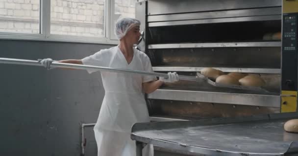 Los trabajadores profesionales de la panadería descargaron el pan cocinado del horno y lo cargan en los estantes que trabajan rápido y están equipados con un uniforme especial. — Vídeo de stock