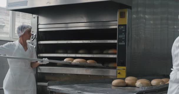 I lavoratori dell'industria del forno hanno scaricato il pane cotto dalla macchina del forno quindi caricano il pane negli appositi scaffali. — Video Stock