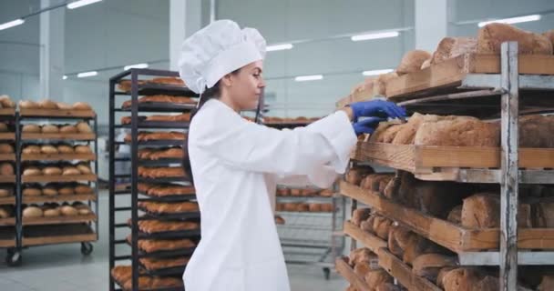 Добре виглядає жінка пекарня розмістити хліб в порядку на полицях вона носить красиву білу уніформу, хлібопекарську промисловість — стокове відео
