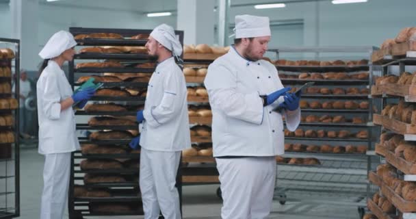 Groep van drie bakkers in een bakkerij sectie in een midden van werkdag ze controleren de productie vanuit de schappen en chatten met elkaar — Stockvideo