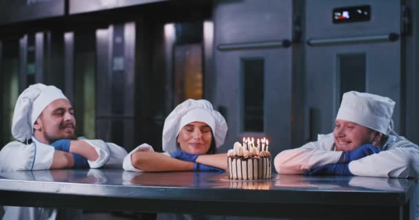 Eine attraktive Frau bläst die Kerzen auf einer Geburtstagstorte aus, ihr zur Seite stehen zwei charismatische Männer — Stockvideo