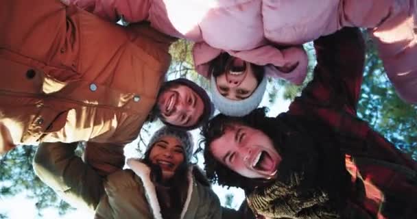 Multi étnico magnífico grupo de amigos disfrutando del tiempo tomar la cámara de vídeo y hacer un divertido video selfies hacer un círculo y la captura de todos los amigos juntos — Vídeo de stock