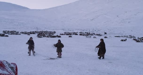 유르트 캠프에서 일하는 모피를 입고 시베리아에서 세 남자, 그들은 전형적인 하루를 가지고 — 비디오