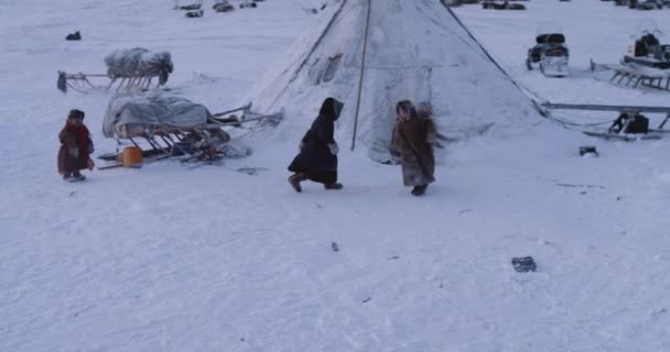 Increíbles niños pequeños jugando juntos en medio del Ártico en un campamento de yurtas, día típico, algunos hombres trabajando — Vídeos de Stock