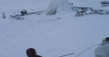 Ren geyiği inanılmaz bir kızak üzerinde bir Sibiryalı adam ile bir yolculuk yakalama inanılmaz , onlar yurtlar kampına geldi