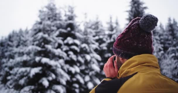 在令人惊异的雪林与大树年轻的游客享受他周围的景色,而他喝一些热饮从铁杯。慢动作 — 图库视频影像