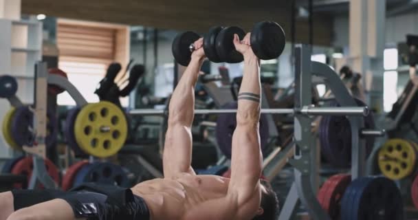 En un gimnasio un chico sexy está haciendo deporte con pesas, él los está levantando y tiene una respiración pesada como los ascensores son pesados — Vídeo de stock