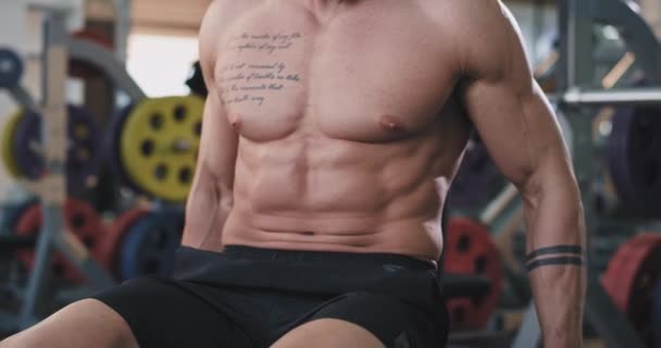 Detalhes de um homem musculoso trabalhando duro no ginásio fazendo exercícios para o bíceps, com uma tatuagem no corpo — Vídeo de Stock