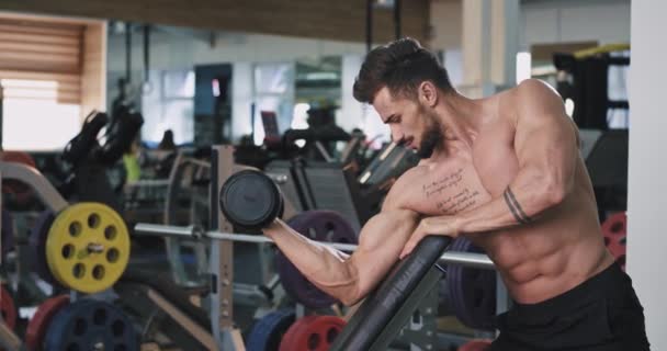 En una clase de gimnasia hombre en forma concentrada trabajando en sus bíceps levantando la mancuerna, tener el cuerpo muscular usando ropa deportiva — Vídeo de stock