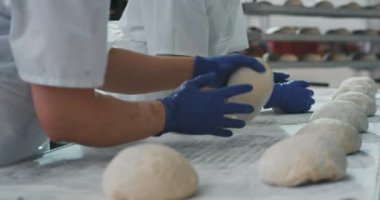 Profesyonel fırıncılar ticari bir fırın mutfakta ekmek pişirmek için hamur parçalarından yapma , mavi eldiven giyen elleri çalışma