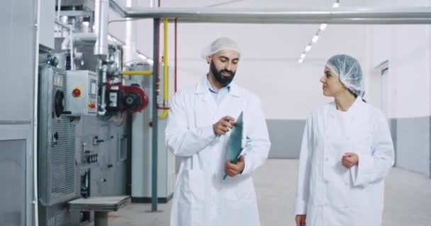 Joven ingeniero y panadera mujer en una gran fábrica de panadería tienen una conversación mirando a través del plan y analizando algo — Vídeo de stock