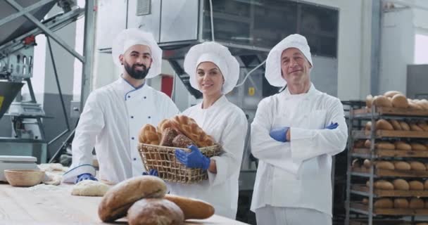Grupo de tres caras comerciales de panaderos sosteniendo una cesta vintage con pan orgánico mirando directamente a la cámara vistiendo uniforme especial sonriendo bastante grande panadería industria de alimentos de fábrica — Vídeo de stock