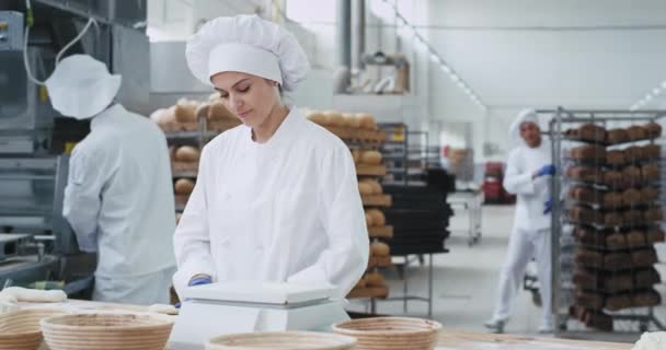 Mujer hermosa panadera concentrada trabajando en su tableta formando trozos de masa para hornear pan, mientras que otros trabajadores revisan la máquina y otros estantes — Vídeo de stock