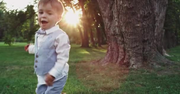 Em um grande parque close-up na frente da câmera correndo menino pequeno e sorrindo grande olhando diretamente para a câmera — Vídeo de Stock