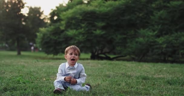 Legrační a rozzlobený chlapeček, dva roky starý, drží si svačinu a posadil se na trávu uprostřed parku. — Stock video
