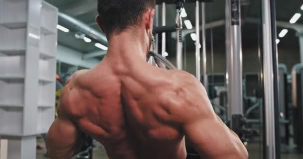 Ayrıntılar kamera ya da iyi görünümlü vücut geliştirme adam spor salonunda çalışan konsantre yakın çekim — Stok video