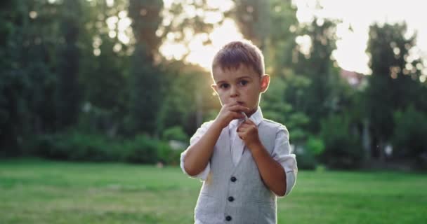 Davanti alla telecamera carino ragazzo di 5 anni che gioca con il suo papillon con una faccia seria in mezzo a un parco verde — Video Stock