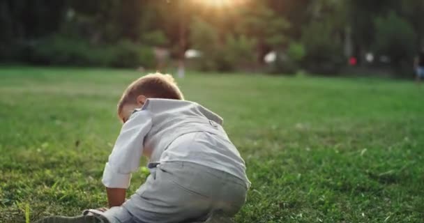 Lindo niño pequeño corriendo en medio del parque disfrutando de la infancia con un traje elegante — Vídeo de stock