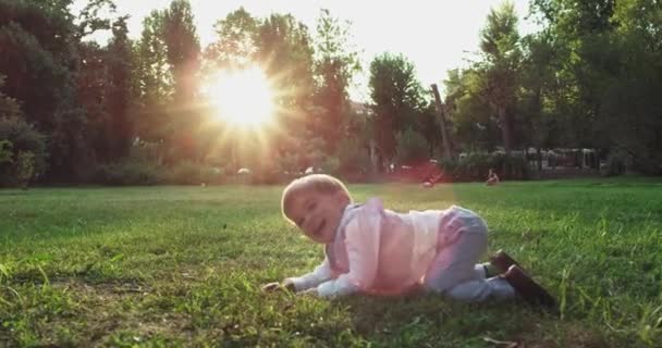 Souriant grand mignon petit garçon au coucher du soleil debout devant l'herbe au milieu d'un parc vert portant un costume décontracté 