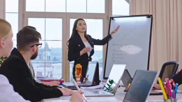 Σε ένα λευκό πίνακα νεαρή γυναίκα εξηγεί ένα νέο επιχειρηματικό σχέδιο και στατιστική στους συναδέλφους της αναλύουν όλοι μαζί και να δώσει κάποιες ιδέες ηγεσία — Αρχείο Βίντεο