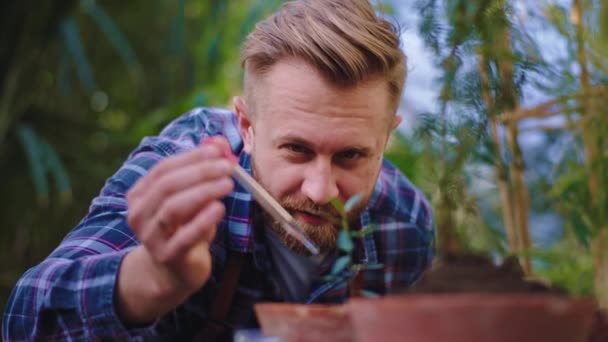 Szoros a kamera előtt kertész karizmatikus ember vigyázni után dekoratív növények tett néhány csepp vitamint a növények — Stock videók