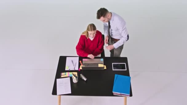 Twee charismatische jonge kantoormedewerkers dame met een rode trui jong design en de office manager man hebben een discussie over een project voor de camera — Stockvideo