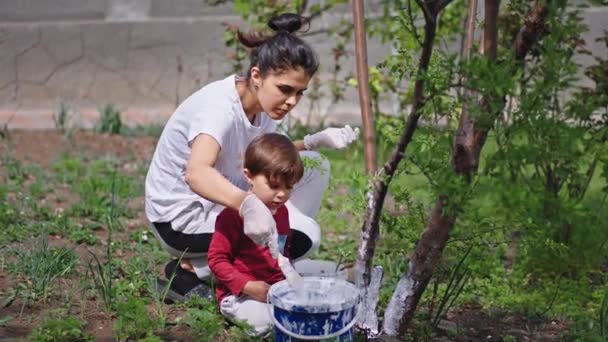 En casa en el jardín joven madre y su pequeño hijo lindo pintando el árbol con una tiza blanca juntos — Vídeo de stock