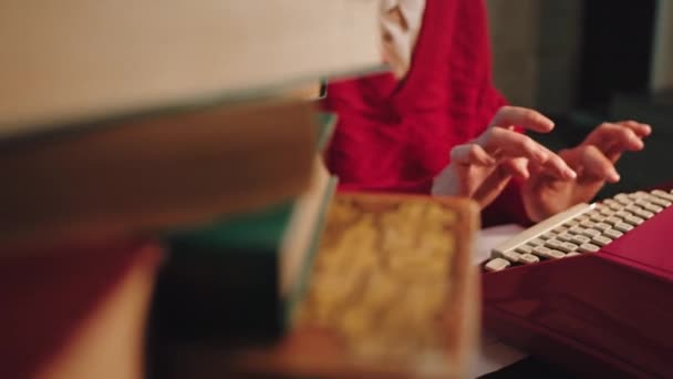 Student in the library using eco typing machine to type some college project details — Stock Video