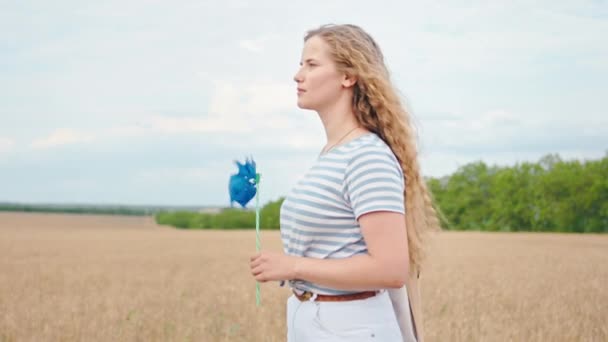 Schöne Landfrau mit langem lockigem Haar spaziert durch das Weizenfeld und hält einen bunten Windspinner in den Händen — Stockvideo