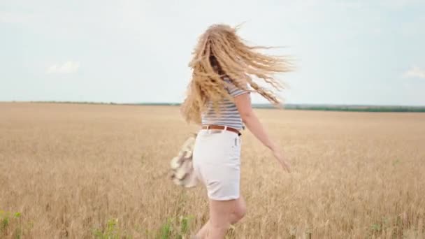 Привлекательная дама с длинными волосами кантри стиль она вращается на середине пшеничного поля, а затем падает на пшеницу она счастлива и имеют большую улыбку — стоковое видео